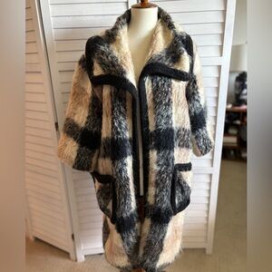 Plaid Teddy Open-Front Coatigan - Black & Cream Mohair Fuzzywuzzy
